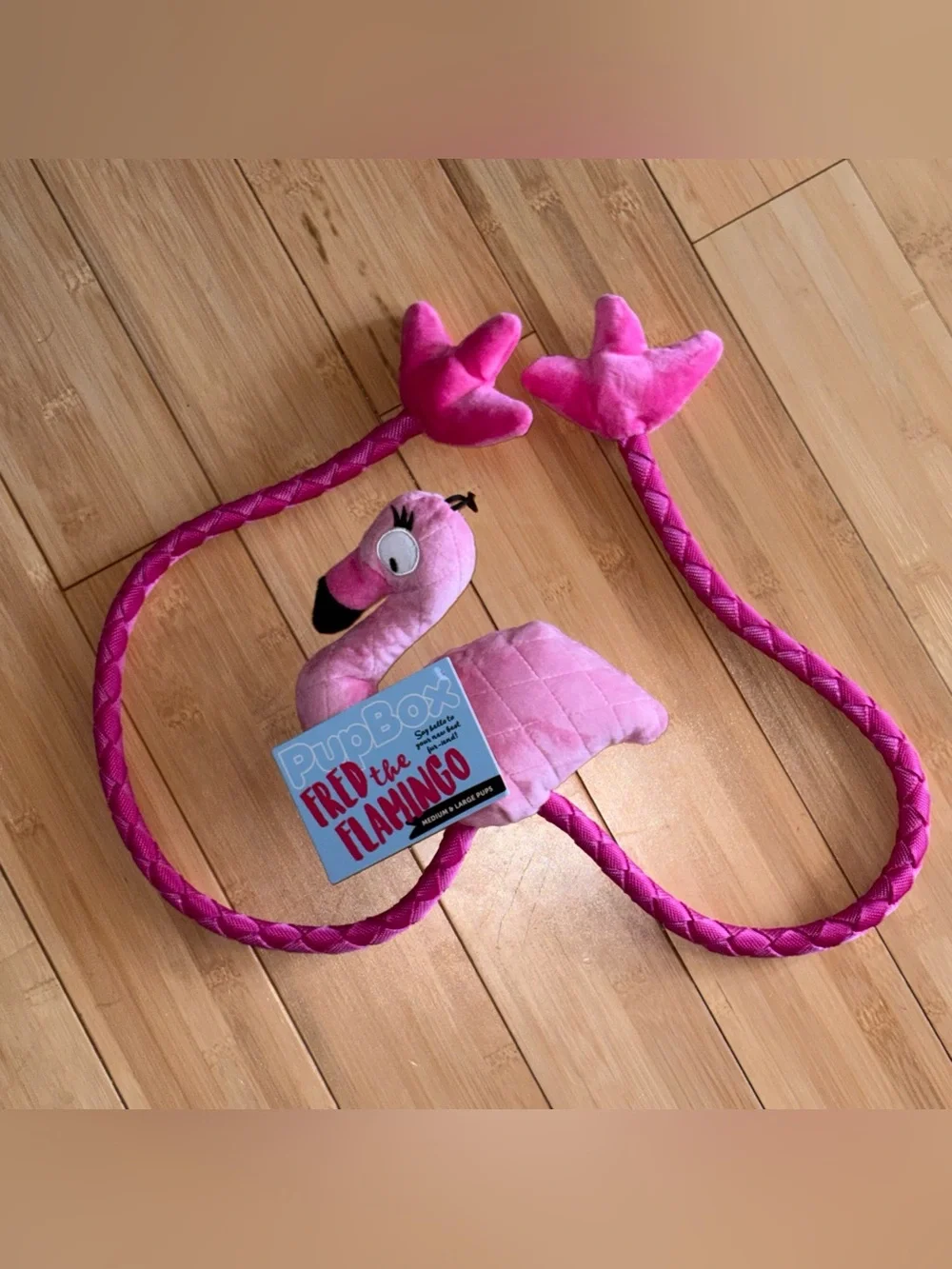 Fred the Flamingo Plush Dog Toy with Interactive Line for Game of Fetch or Tug!